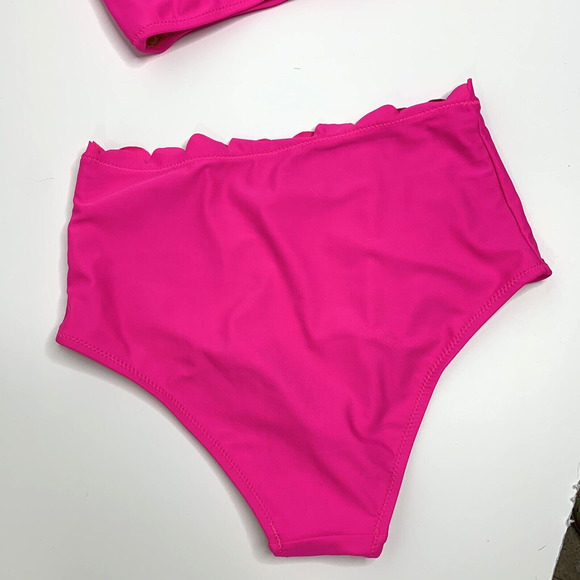 Womens 2 Piece One Shoulder Swimsuit Size Small Hot Pink High Waist - Picture 14 of 16